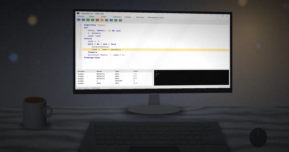 Monitor showing a VisuAlg vetor array being filled with grades in a loop