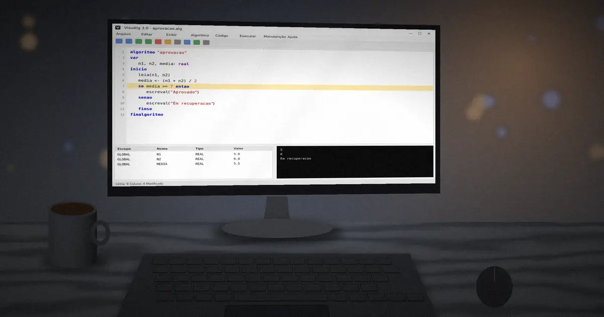 Monitor showing a VisuAlg se entao senao algorithm deciding if a student passed