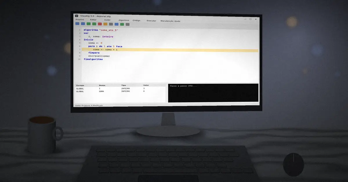 Monitor showing VisuAlg step-by-step execution with the current line highlighted