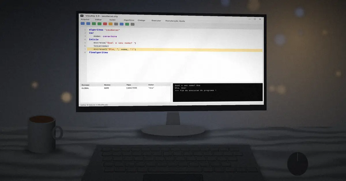 Desktop monitor showing a first VisuAlg greeting algorithm with its output