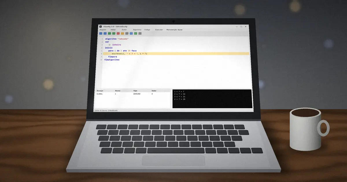 Laptop running a VisuAlg para loop that prints the multiplication table of 7